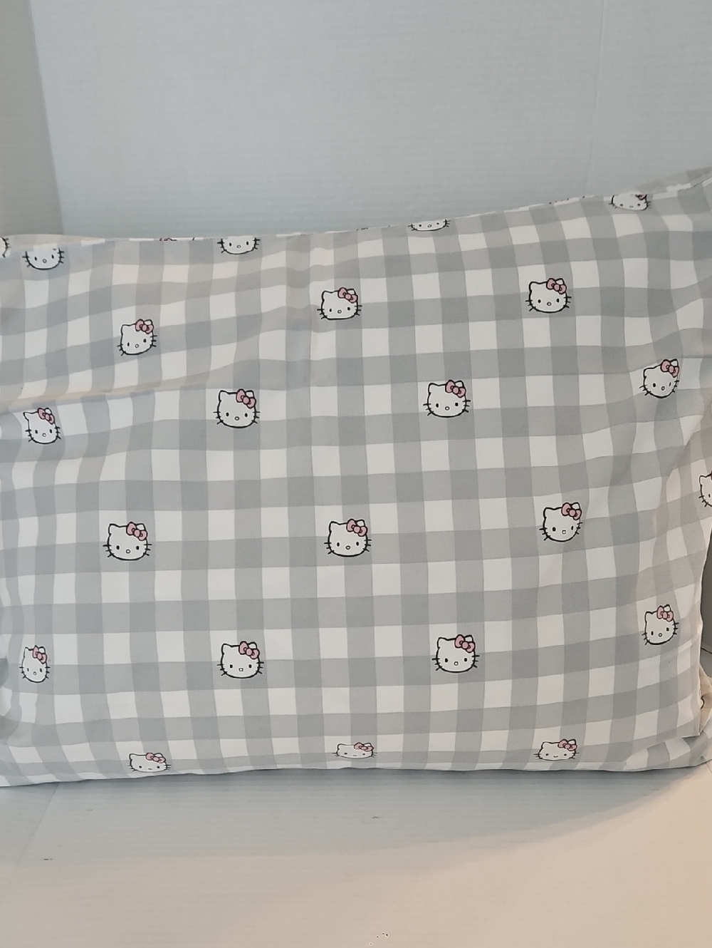 Hello Kitty Gray & White Gingham Pink Bow Cotton Standard Pillowcase